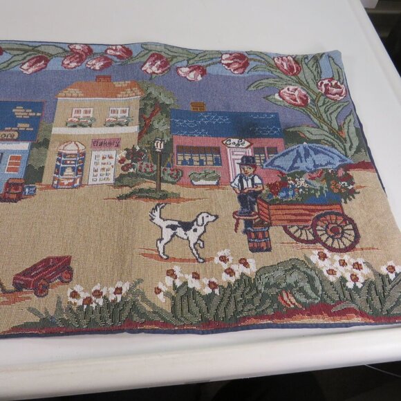 Quaint Turn of the Century Village Scene Tapestry Table Runner Tulips Gazebo - Picture 4 of 6